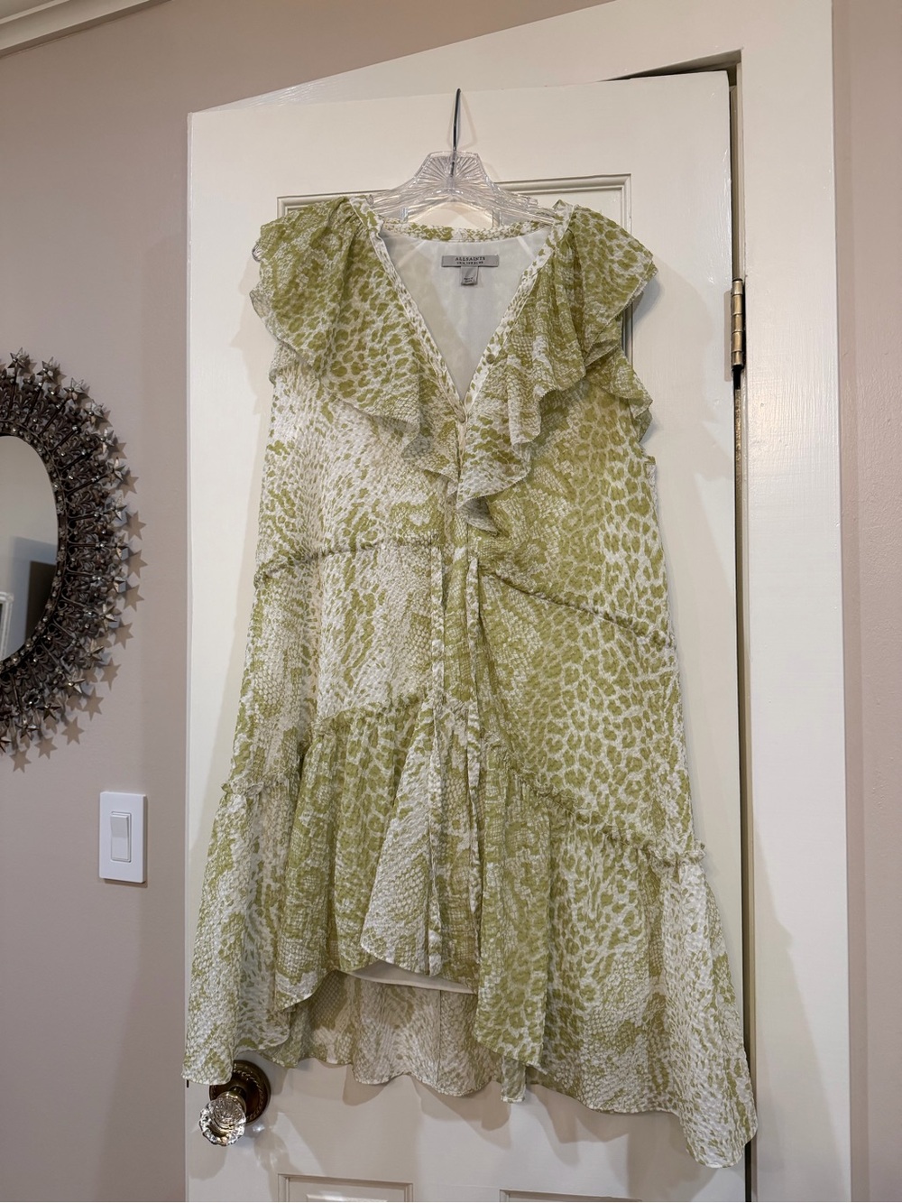 AllSaints Green & Cream Printed V-Neck Dress